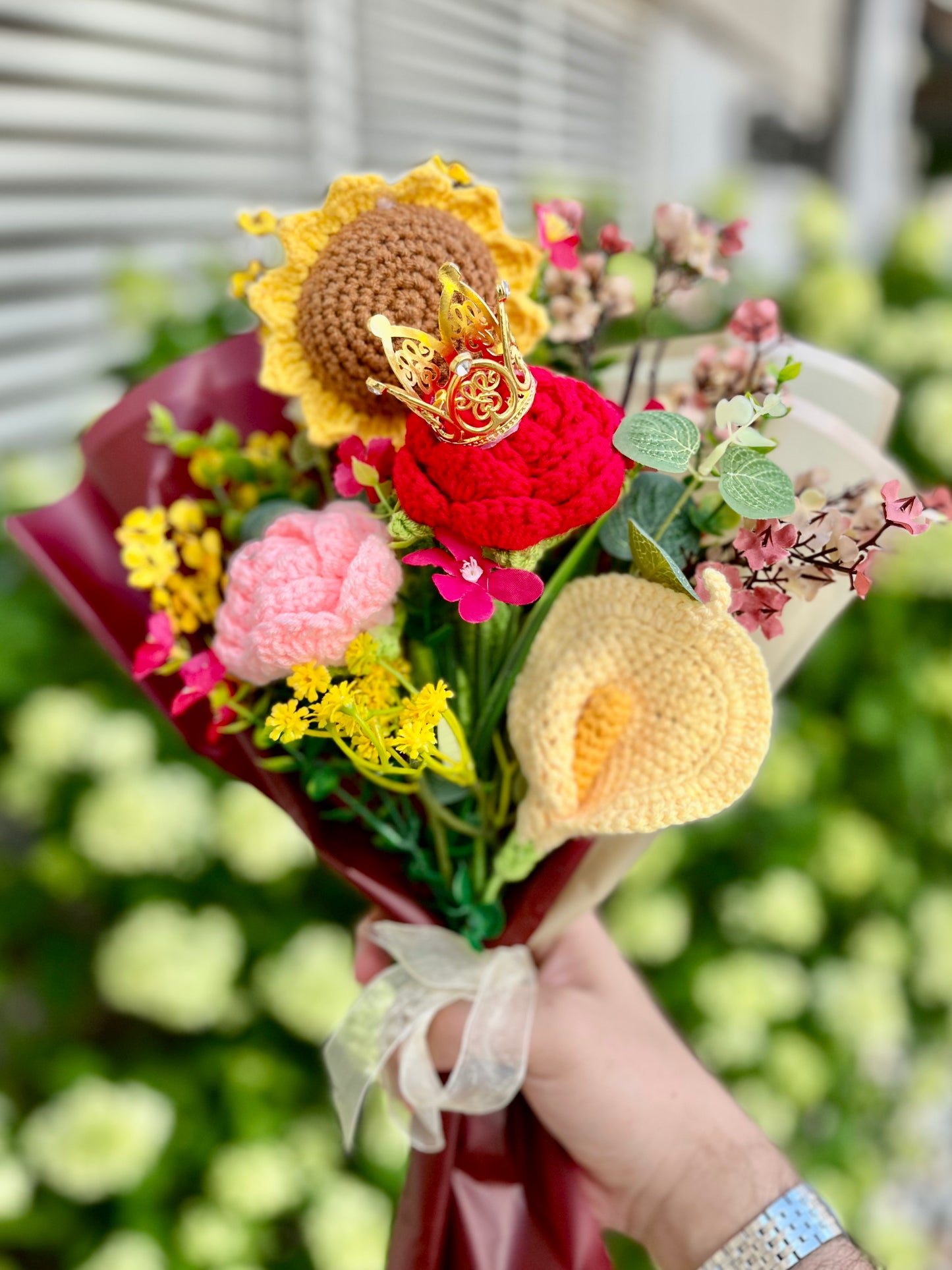 Handmade Sunflower And Rose Crochet Bouquet – Long-Lasting crochet Flower Gift & Home Decor