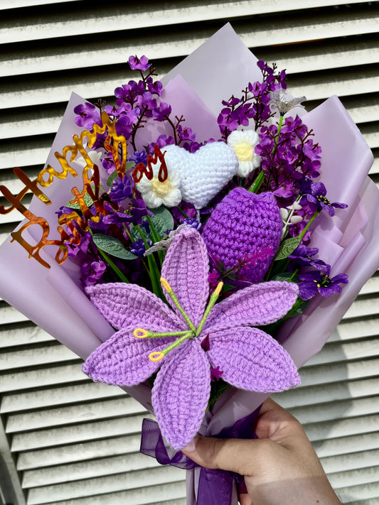 Handmade Purple Lilly Heart Crochet Bouquet – Long-Lasting crochet Flower Gift & Home Decor