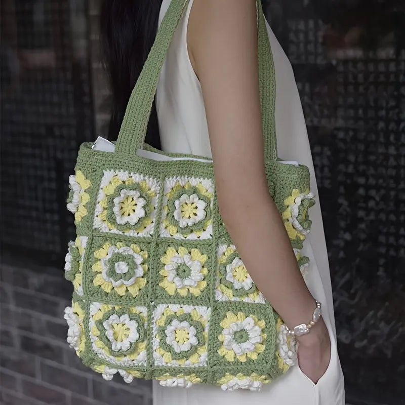 Handmade Floral Crochet Tote Bag with Zipper– Reusable & Stylish Shoulder Bag Crossbody Tote Bag for Women