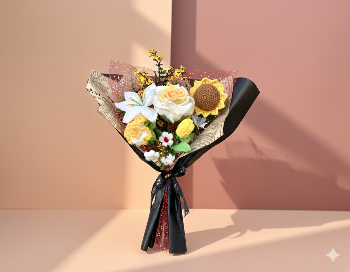 Handmade Crochet Sunflower & Lily Bouquet – Long-Lasting Floral Gift & Home Decor