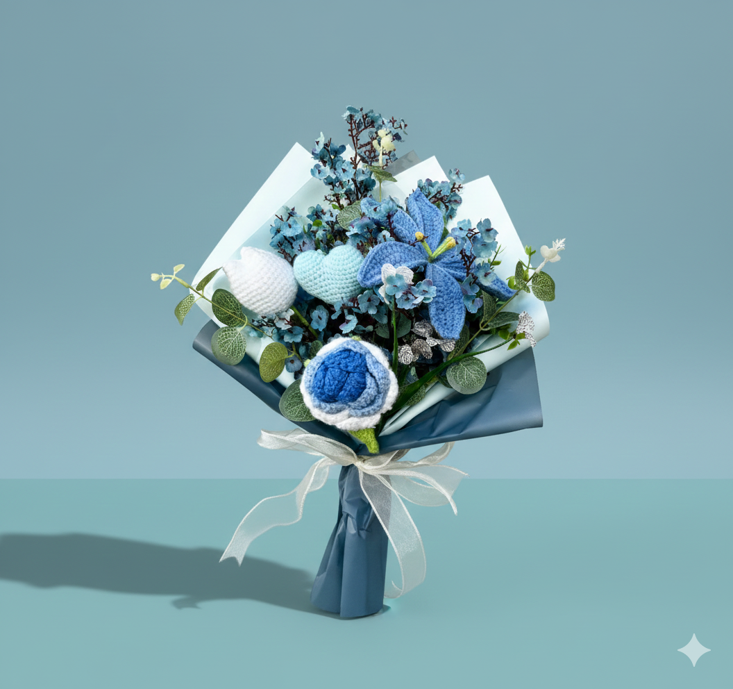 Handmade Crochet Blue Lily Rose Heart Tulip Bouquet – Long-Lasting Floral Gift & Home Decor