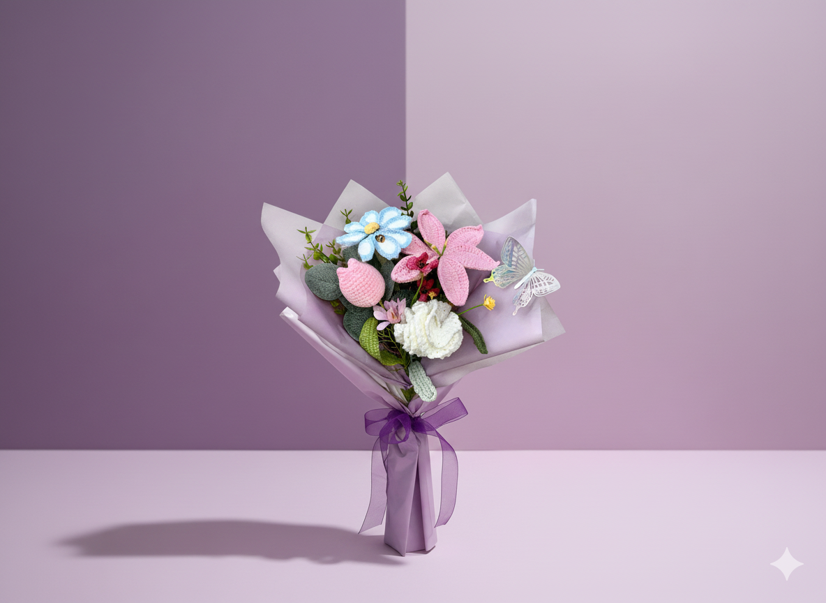 Handmade Crochet Pink Lilly Daisy Carnation Tulip Bouquet – Long-Lasting Floral Gift & Home Decor