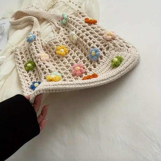 Handmade Crochet Tote Bag with Colorful Flowers – Reusable & Stylish Shoulder Bag