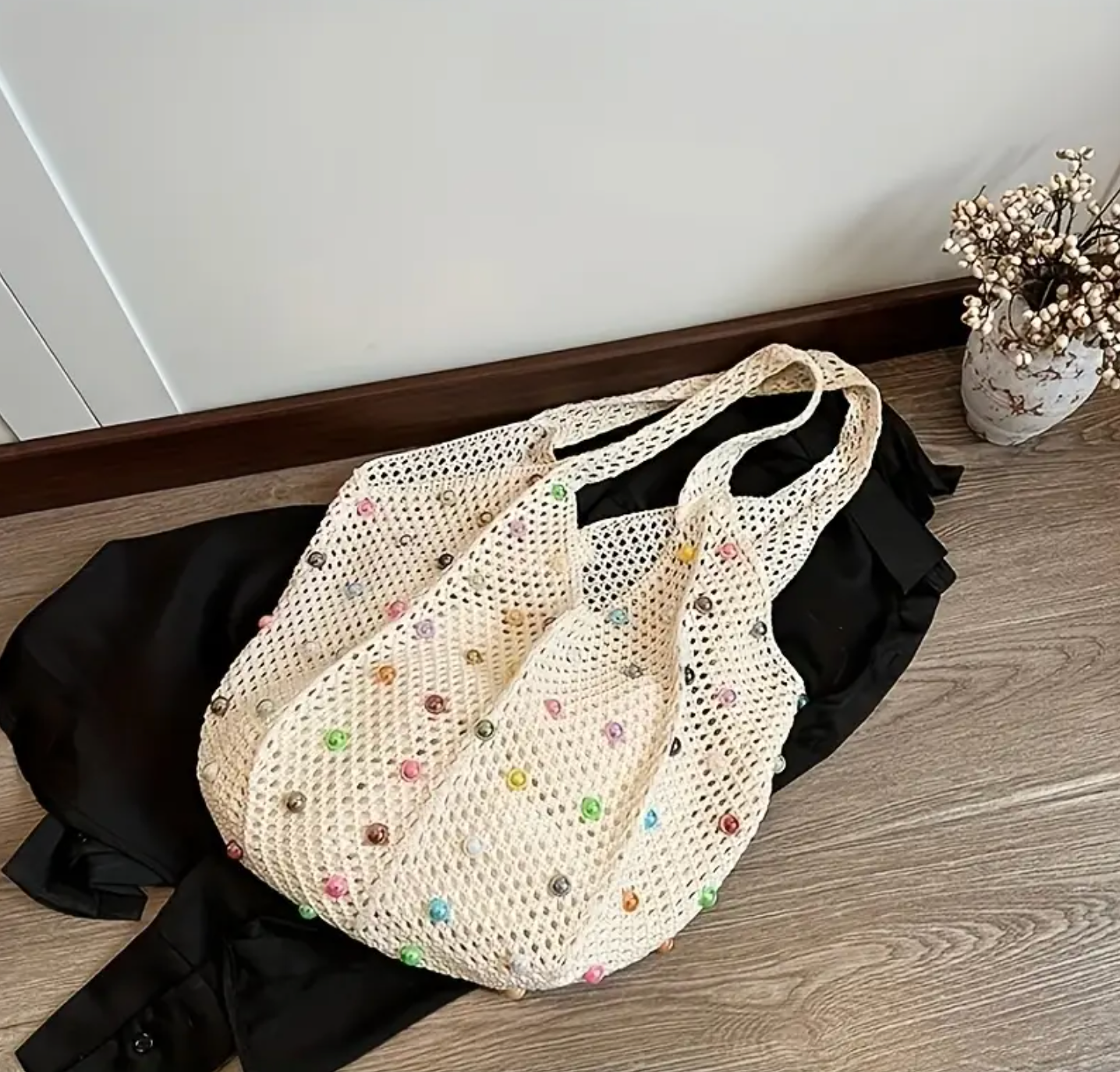 Handmade Crochet Tote Bag with Colorful Stones– Reusable & Stylish Shoulder Bag Crossbody Tote Bag for Women