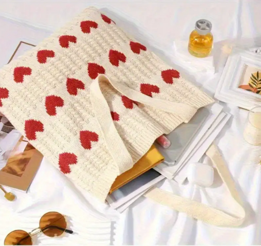 Handmade Crochet Tote Bag with Red Hearts – Reusable & Stylish Shoulder Bag