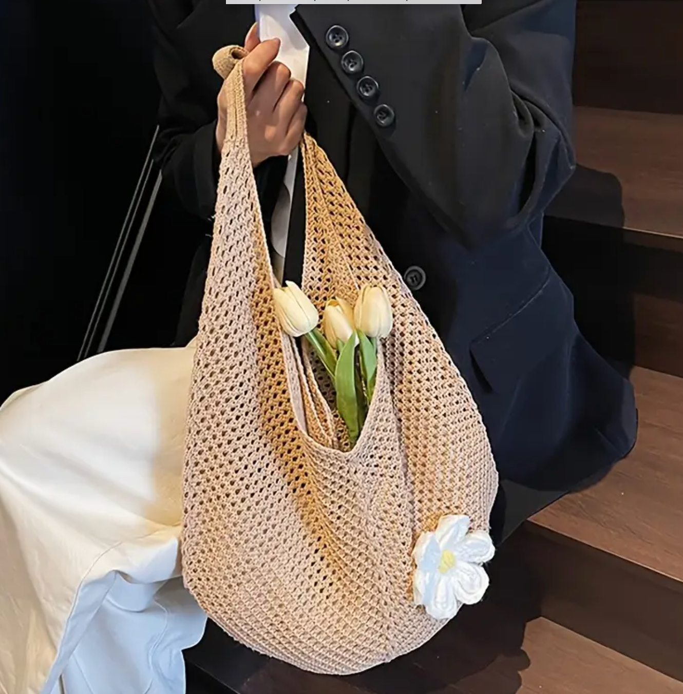 Summer Beach Crochet Tote Bag with Daisy – Reusable & Stylish Shoulder Bag Crossbody Tote Bag for Women