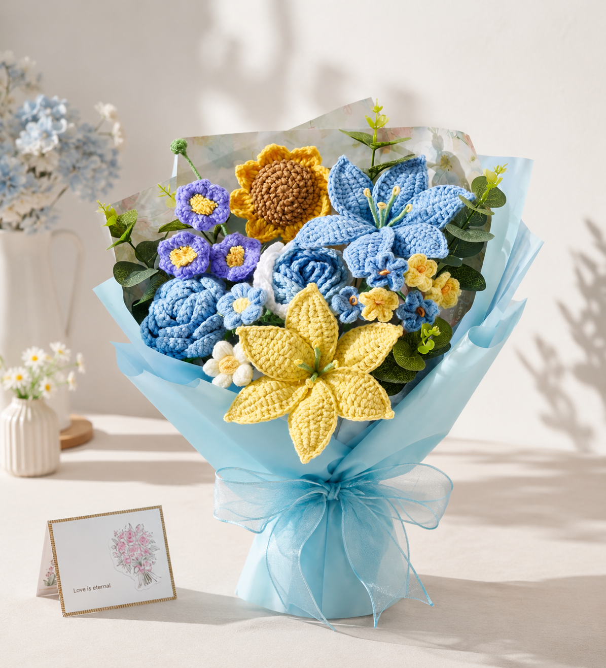 Crochet Blue and Yellow Flowers Love Bouquet, Handmade Finished Knitted Flower Bouquet for Birthday Housewarming Gift & Handmade Home Decor
