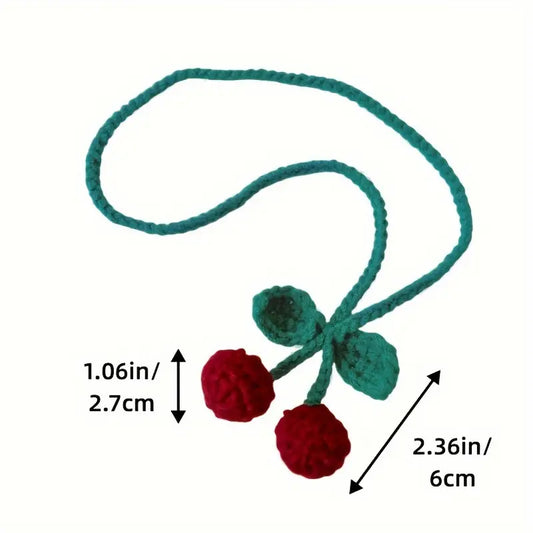 Handmade Crochet Cherry Car Mirror Hanging Decoration – Cute Red Cherry with Green Leaf Stem