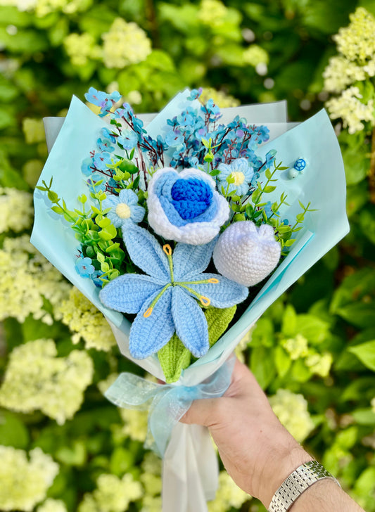 Knitted Blue Floral Crochet Bouquet – Long-Lasting crochet Flower Gift & Handmade Home Decor