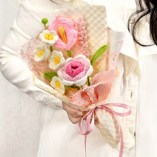 Pink And Purple Rose, Lilly of The Valley Crochet Flowers Bouquet, Handmade Finished Knitted Flower Bouquet for Birthday Housewarming Gift & Handmade Home Decor