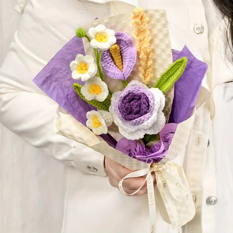 Pink And Purple Rose, Lilly of The Valley Crochet Flowers Bouquet, Handmade Finished Knitted Flower Bouquet for Birthday Housewarming Gift & Handmade Home Decor