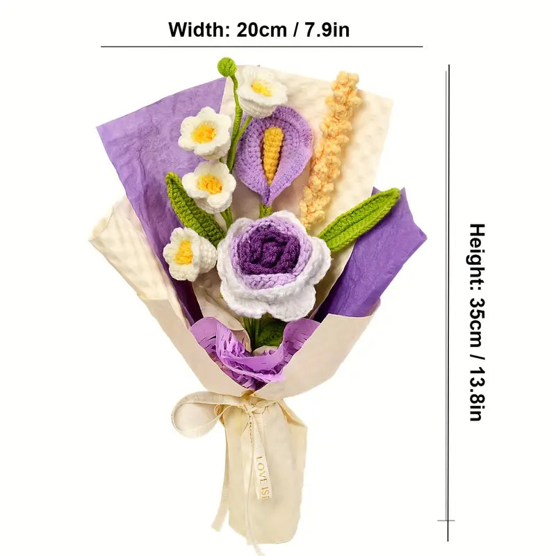 Pink And Purple Rose, Lilly of The Valley Crochet Flowers Bouquet, Handmade Finished Knitted Flower Bouquet for Birthday Housewarming Gift & Handmade Home Decor