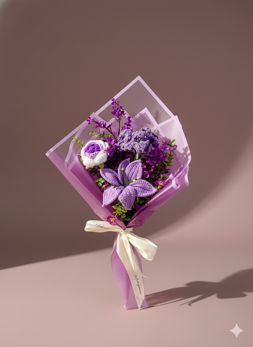 Crochet Purple Punch Flowers Bouquet, Handmade Finished Knitted Flower Bouquet for Birthday Housewarming Gift & Handmade Home Decor