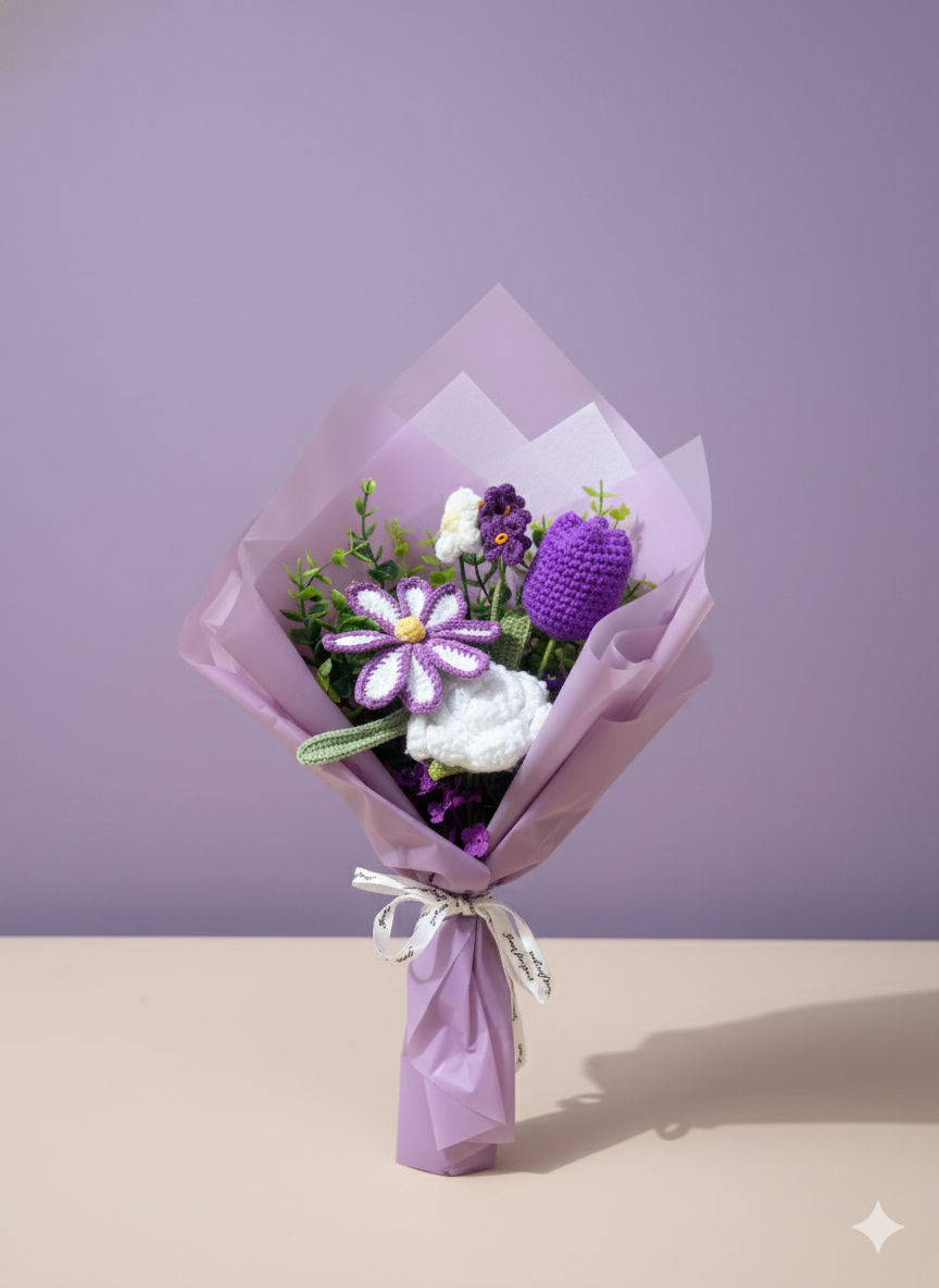 Crochet Purple and White Rose Tulip Flowers Bouquet, Handmade Finished Knitted Flower Bouquet for Birthday Housewarming Gift & Handmade Home Decor