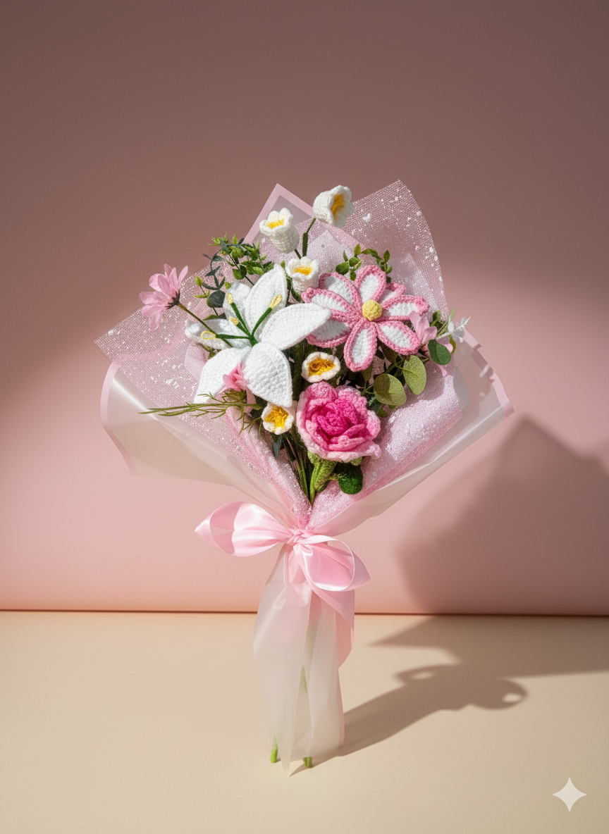 Crochet Pink Punch Flowers Bouquet, Handmade Finished Knitted Flower Bouquet for Birthday Housewarming Gift & Handmade Home Decor