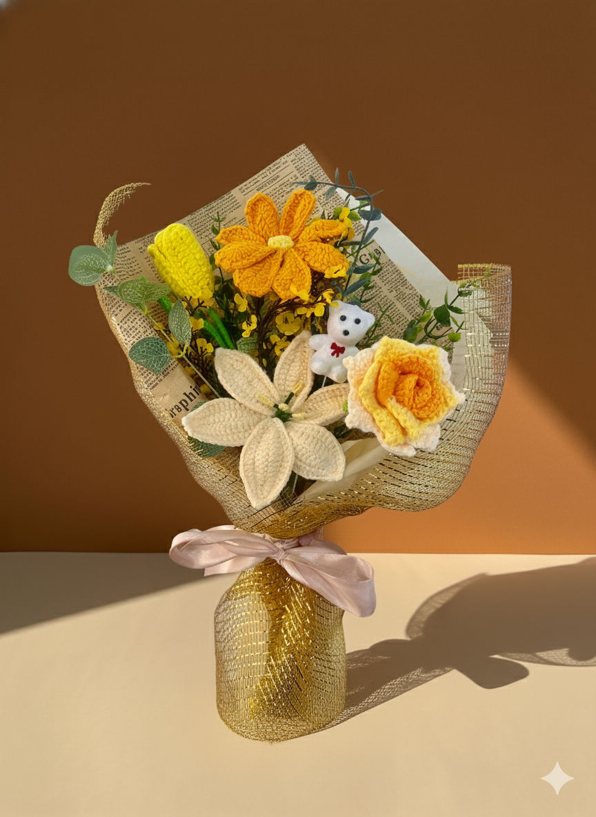 Crochet Orange and Yellow Punch Flowers Bouquet, Handmade Finished Knitted Flower Bouquet for Birthday Housewarming Gift & Handmade Home Decor