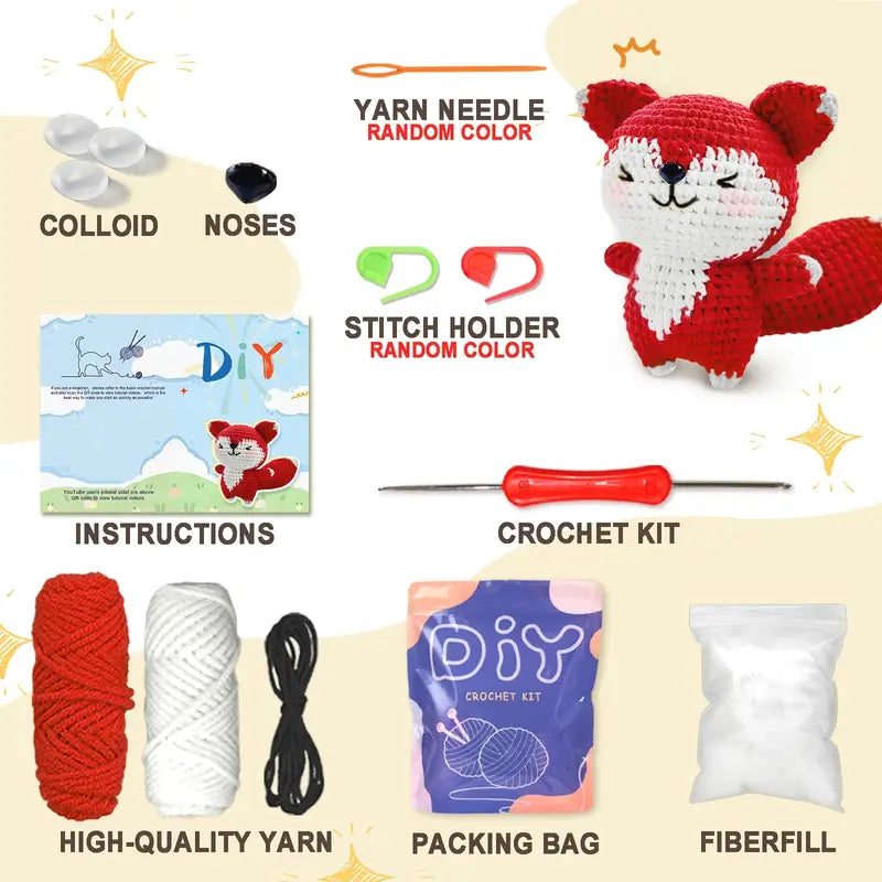 Cute Animal Fox Crochet Kit for Beginners DIY – All-in-One Handmade Starter Set for Relaxation & Focus