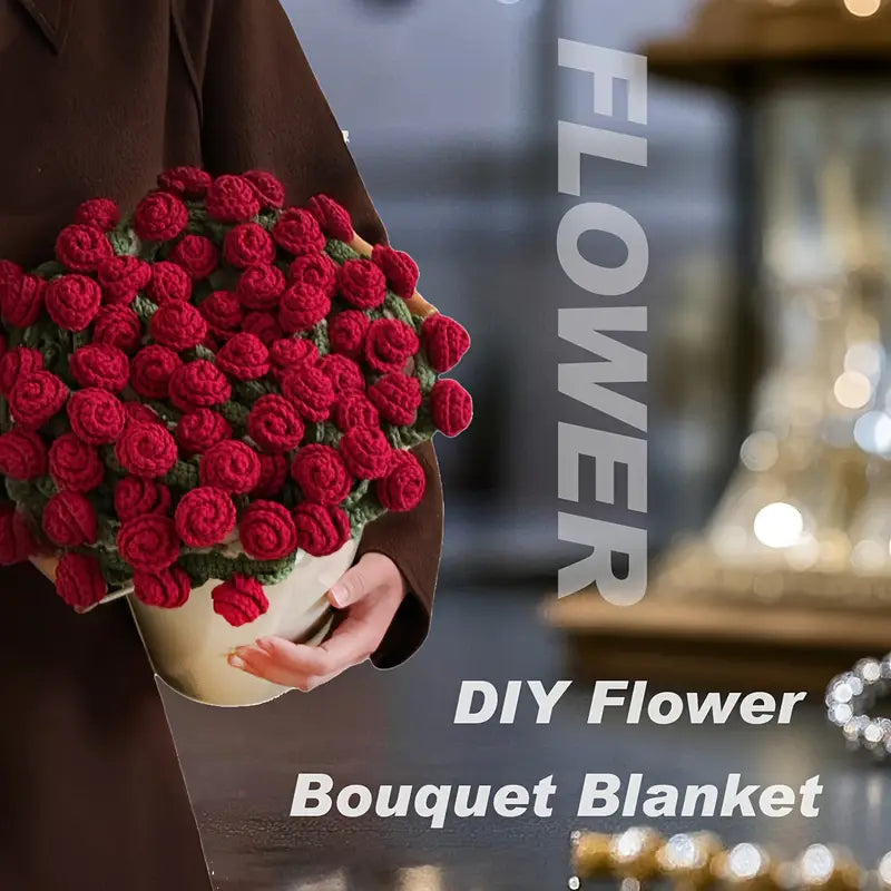 Red Rose Bouquet Blanket Crochet Kit for Beginners DIY – All-in-One Handmade Starter Set for Relaxation & Focus