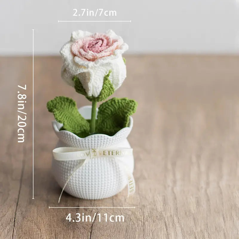 Handmade Crochet Pink Thai Rose Flower Pot – Forever Blooms for Home Decor or Gifting