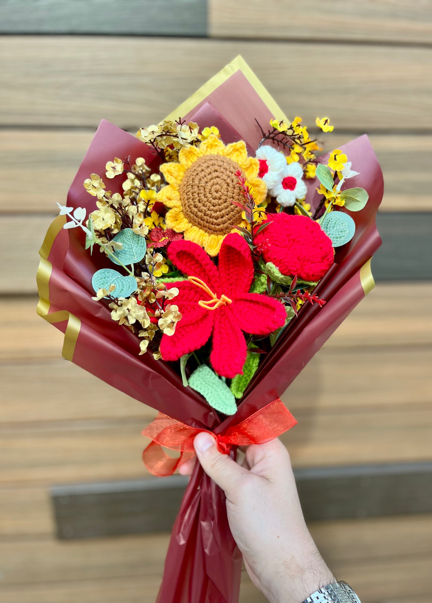 Sunflower and Tulip Crochet Flowers Bouquet, Handmade Finished Knitted Flower Bouquet for Birthday Housewarming Gift & Handmade Home Decor