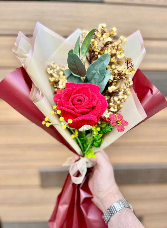 Red Big Rose Crochet Flowers Bouquet, Handmade Finished Knitted Flower Bouquet for Birthday Housewarming Gift & Handmade Home Decor