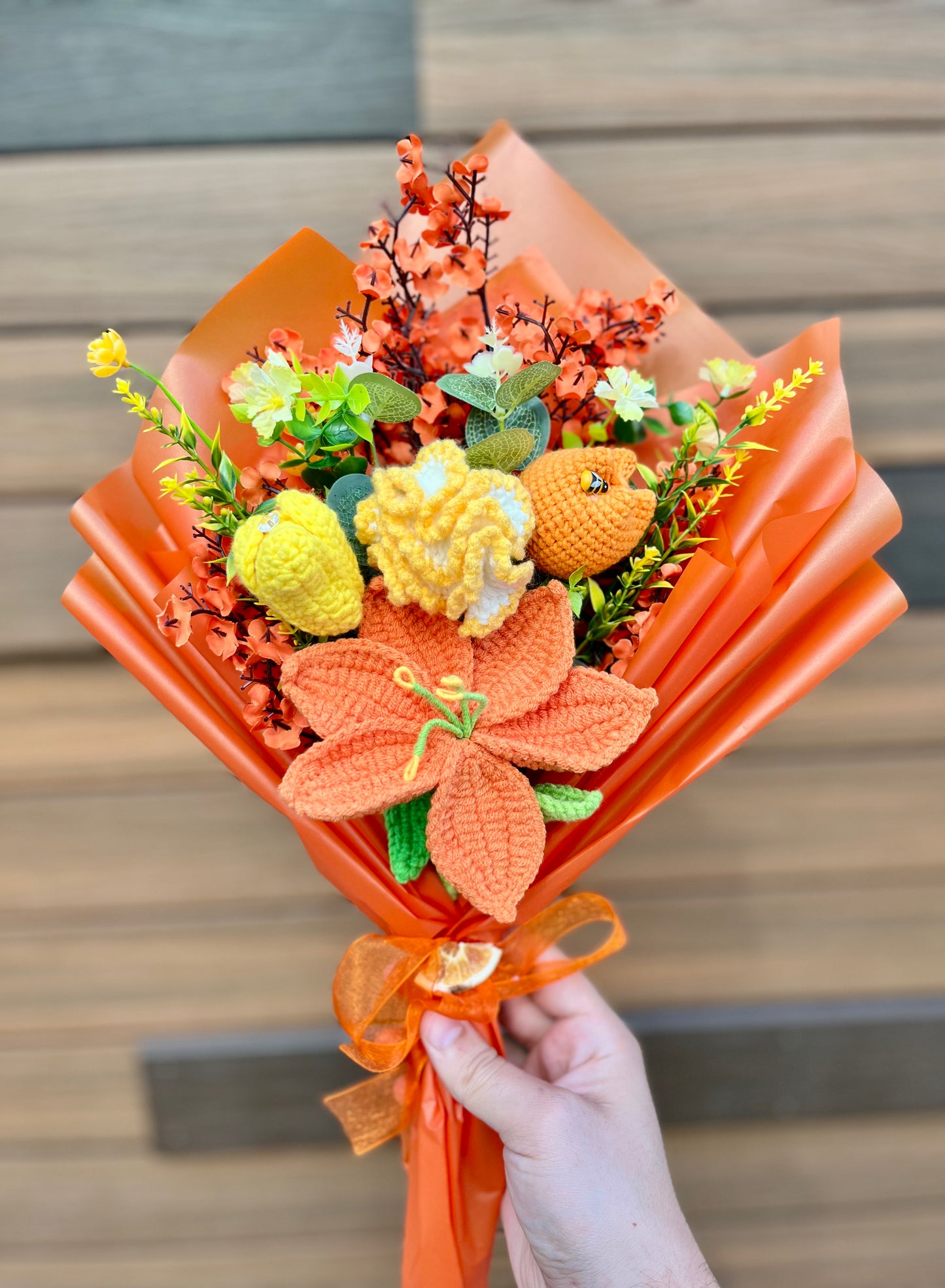 Orange Love Crochet Flowers Bouquet, Handmade Finished Knitted Flower Bouquet for Birthday Housewarming Gift & Handmade Home Decor