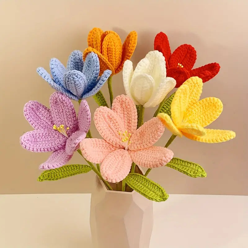 Bundle 7 Pieces Crochet Different color Lillys,, Perfect for Gifts on Valentine'S Day, Teacher'S Day, Mother'S Day, Father'S Day, Weddings, Anniversaries, Birthdays, And for Decorating Living Rooms, Rooms, Balconies, And Vases for Easter.