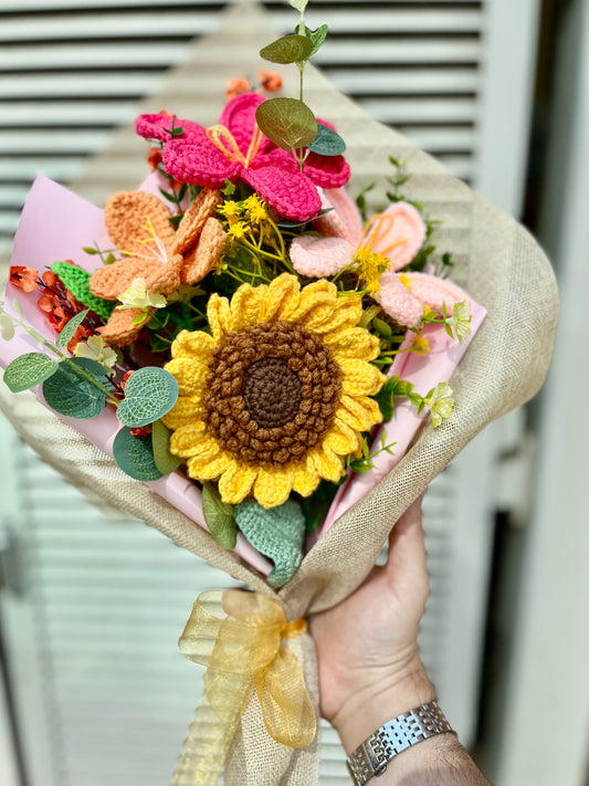 Handmade Forever Sunflower and Lilly Crochet  Bouquet – Long-Lasting crochet Flower Gift & Home Decor