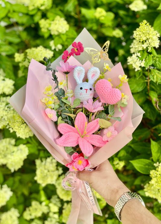 Knitted Pink Bunny Crochet  Bouquet – Long-Lasting crochet Flower Gift & Home Decor