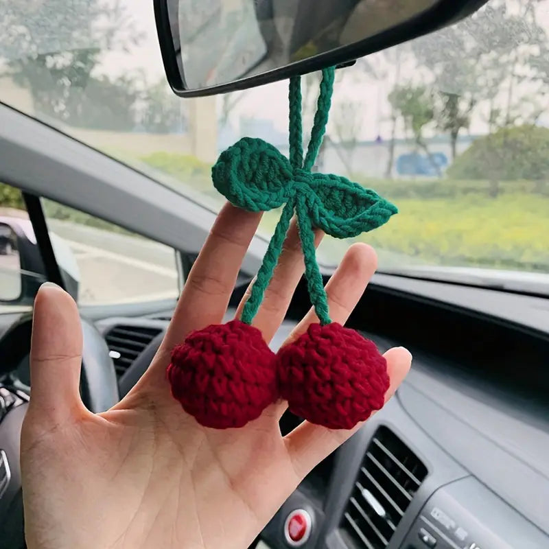 Handmade Crochet Cherry Car Mirror Hanging Decoration – Cute Red Cherry with Green Leaf Stem