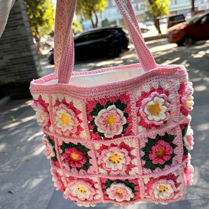 Handmade Floral Crochet Tote Bag with Zipper– Reusable & Stylish Shoulder Bag Crossbody Tote Bag for Women