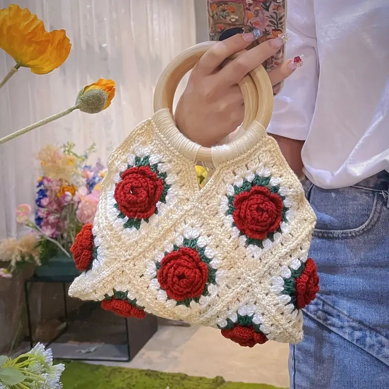 Stylish Crochet Rose Clutch Bag – Reusable & Stylish Shoulder Bag Crossbody Tote Bag for Women