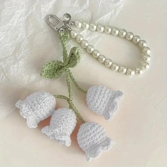 Charming Crochet Floral Keychains Lilly of the Valley with Pearl Beads - Ideal for Bags, Purses & Gifts