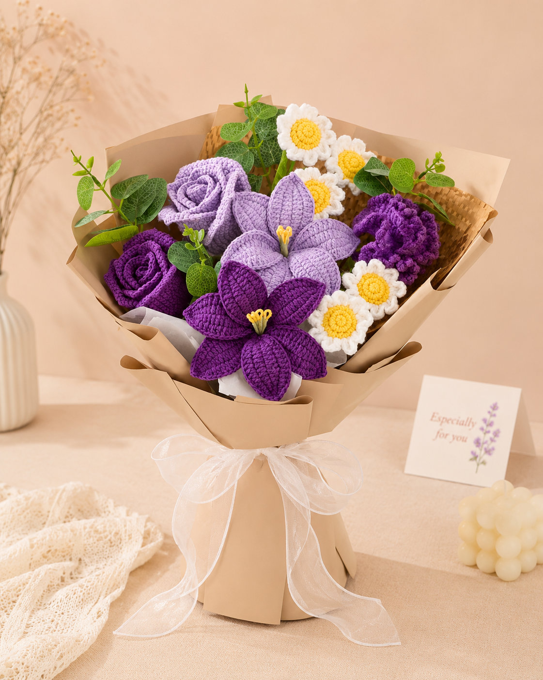 Handmade Crochet Purple Lilly Tulip  Bouquet – Long-Lasting Floral Gift & Home Decor
