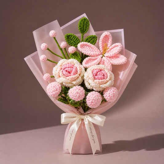 Crochet Pink Rose Bouquet, Handmade Finished Knitted Flower Bouquet for Birthday Housewarming Gift & Handmade Home Decor