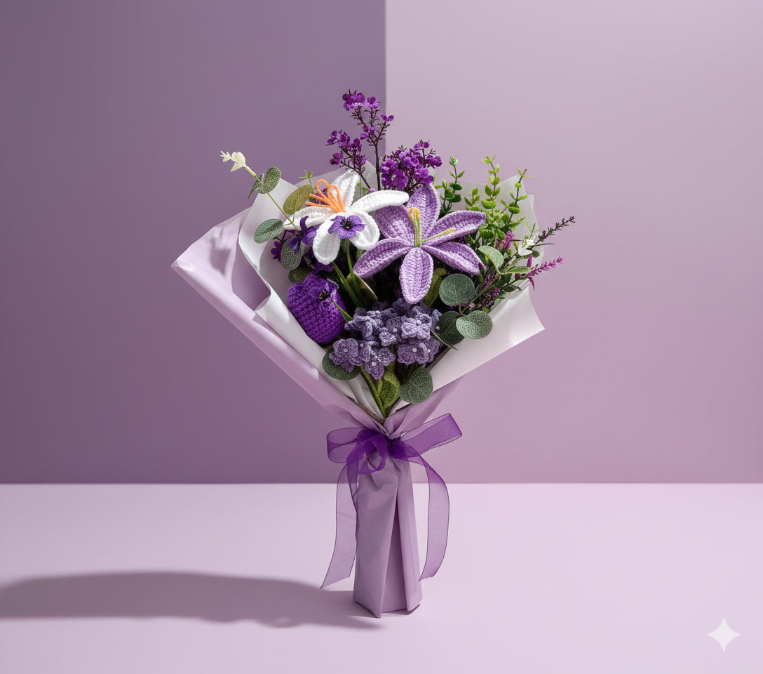 Handmade Crochet Purple Lilly Tulip  Bouquet – Long-Lasting Floral Gift & Home Decor
