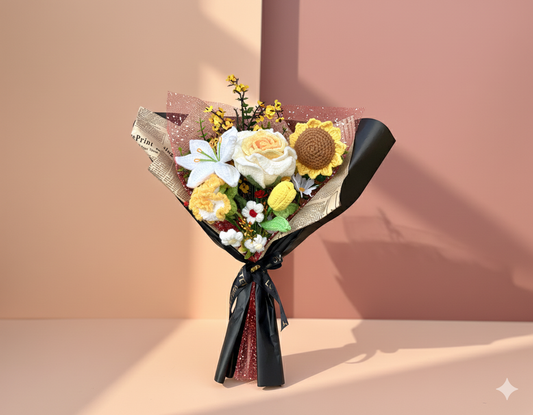 Handmade Crochet Sunflower & Lily Bouquet – Long-Lasting Floral Gift & Home Decor