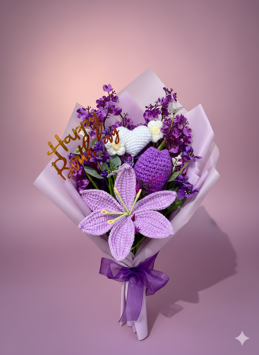 Handmade Purple Lilly Heart Crochet  Bouquet – Long-Lasting crochet Flower Gift & Home Decor