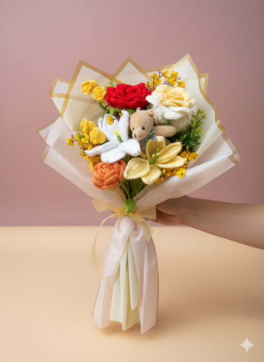 Crochet Orange and Yellow  Special Bouquet, Handmade Finished Knitted Flower Bouquet for Birthday Housewarming Gift & Handmade Home Decor