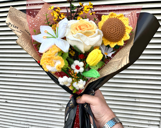 Handmade Crochet Sunflower & Lily Bouquet – Long-Lasting Floral Gift & Home Decor