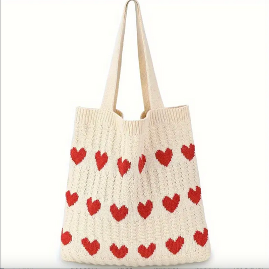 Handmade Crochet Tote Bag with Red Hearts – Reusable & Stylish Shoulder Bag
