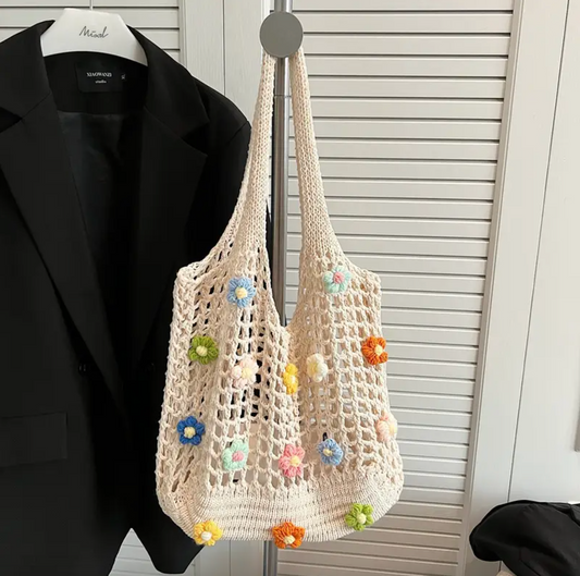 Handmade Crochet Tote Bag with Colorful Flowers – Reusable & Stylish Shoulder Bag