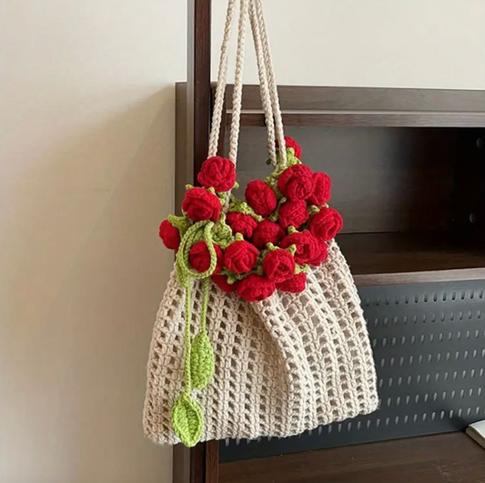 Red Roses Bouquet Handmade Crochet Tote Bag  – Reusable & Stylish Shoulder Bag