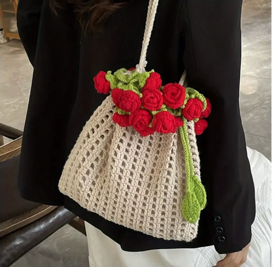 Red Roses Bouquet Handmade Crochet Tote Bag  – Reusable & Stylish Shoulder Bag