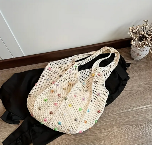Handmade Crochet Tote Bag with Colorful Stones– Reusable & Stylish Shoulder Bag Crossbody Tote Bag for Women