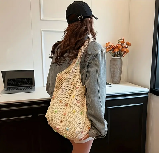 Handmade Crochet Tote Bag with Colorful Stones– Reusable & Stylish Shoulder Bag Crossbody Tote Bag for Women