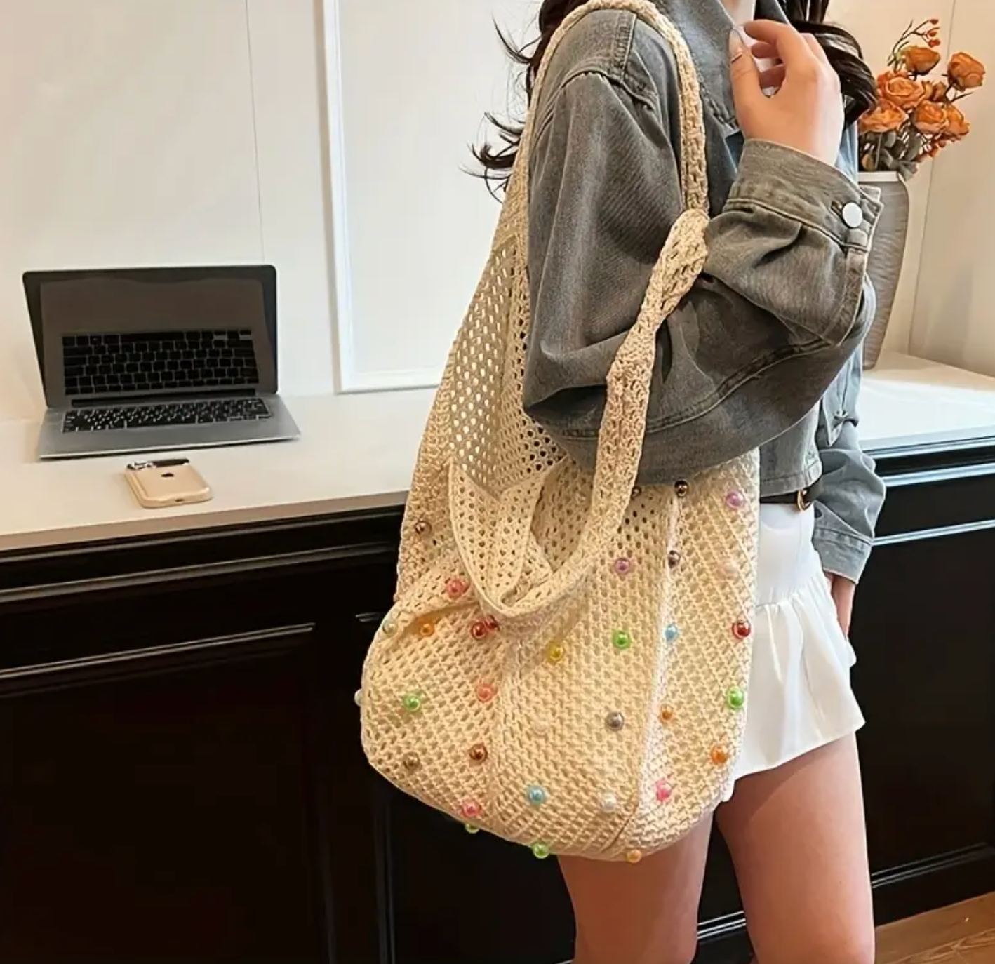 Handmade Crochet Tote Bag with Colorful Stones– Reusable & Stylish Shoulder Bag Crossbody Tote Bag for Women