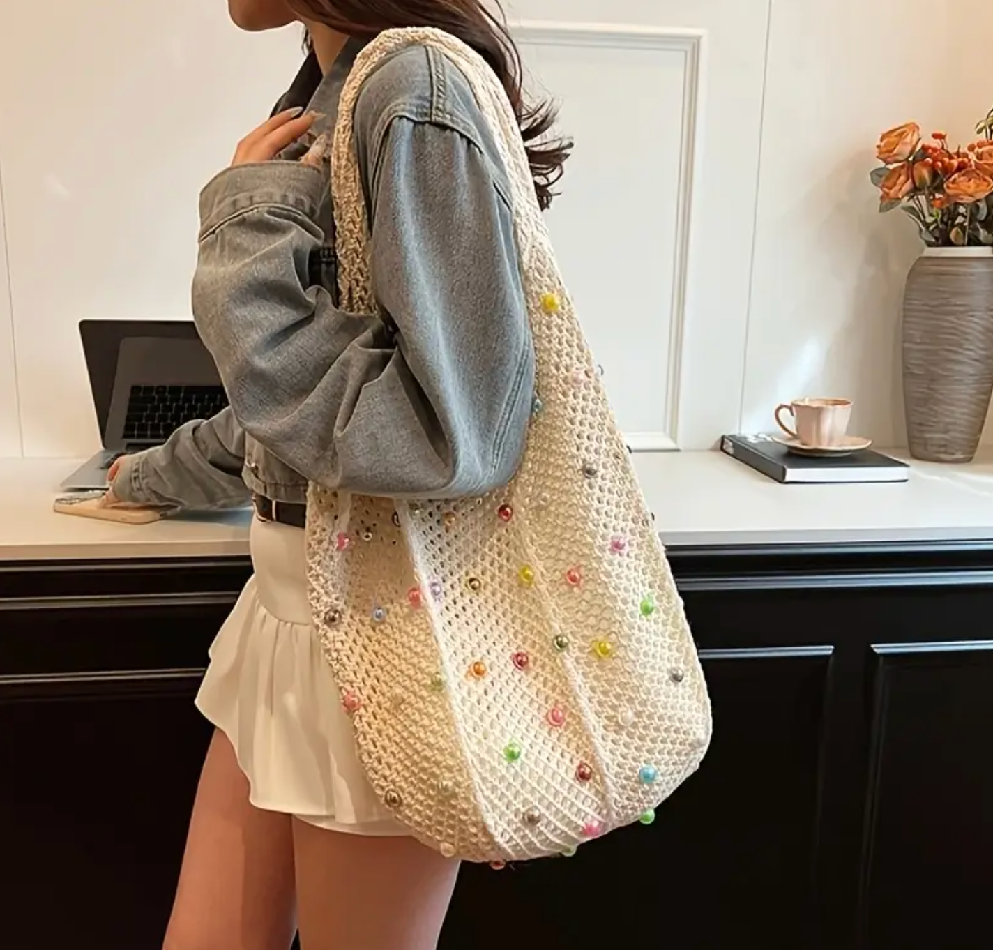 Handmade Crochet Tote Bag with Colorful Stones– Reusable & Stylish Shoulder Bag Crossbody Tote Bag for Women