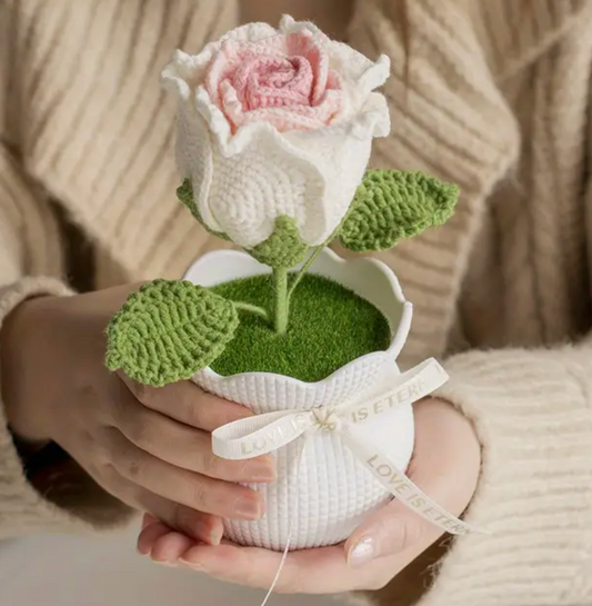 Handmade Crochet Pink Thai Rose Flower Pot – Forever Blooms for Home Decor or Gifting