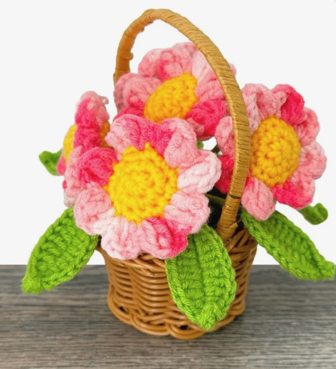 Handmade Crochet Pink Flower Pot with Basket – Forever Blooms for Home Decor or Gifting